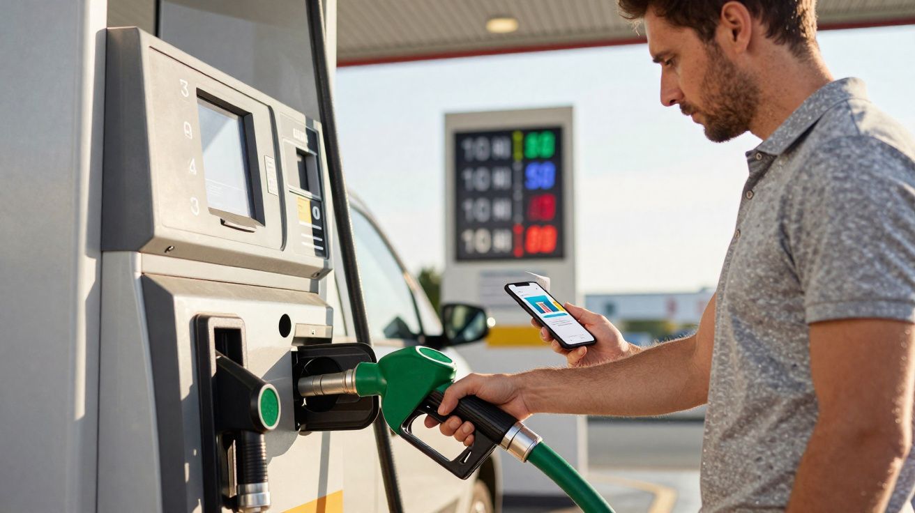 Homem abastecendo carro com gasolina em posto, segurando celular na outra mão.
