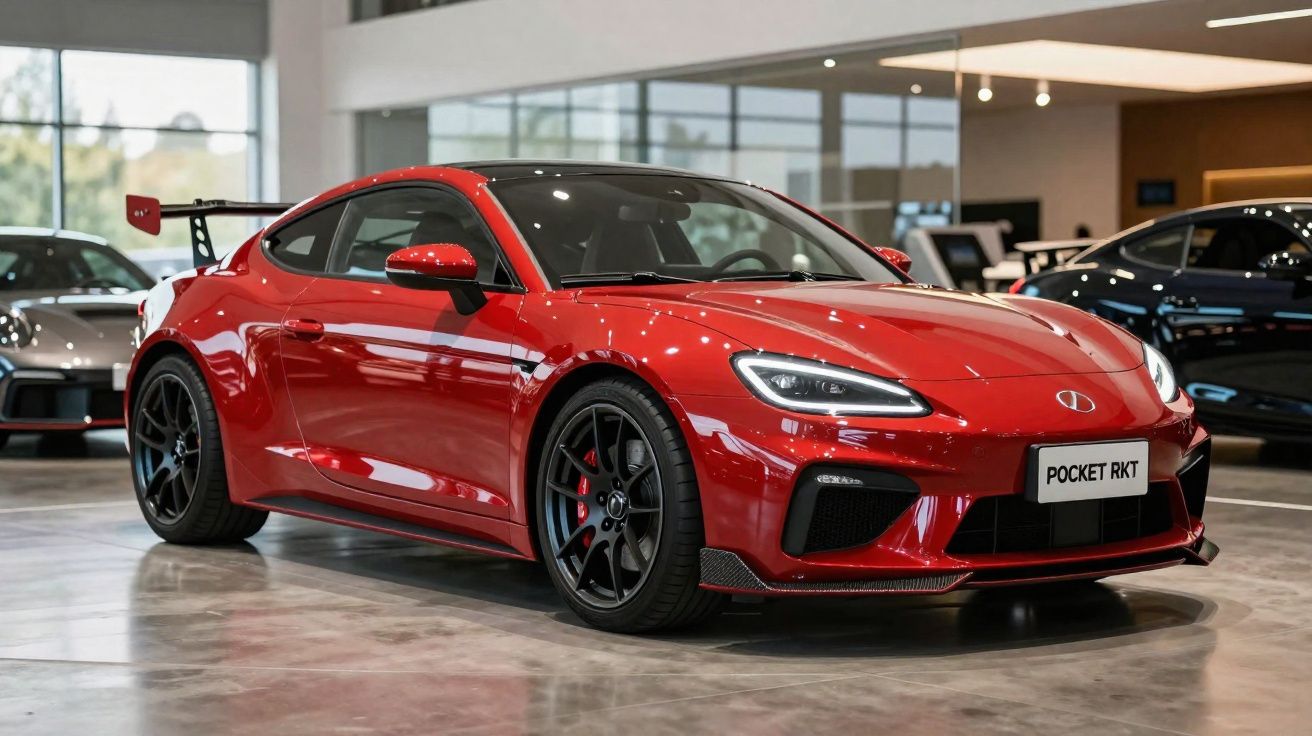 Carro esportivo vermelho brilhante com spoiler traseiro em exposição interna em showroom.