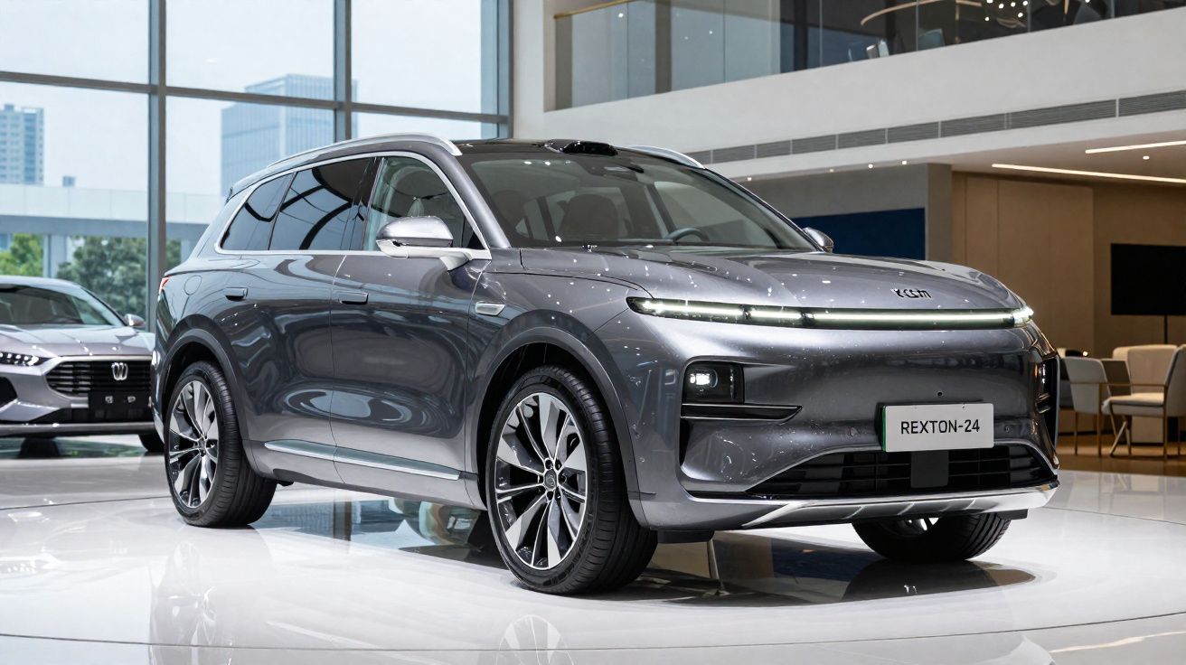 SUV elétrico cinza estacionado em showroom moderno, com design futurista e rodas grandes.