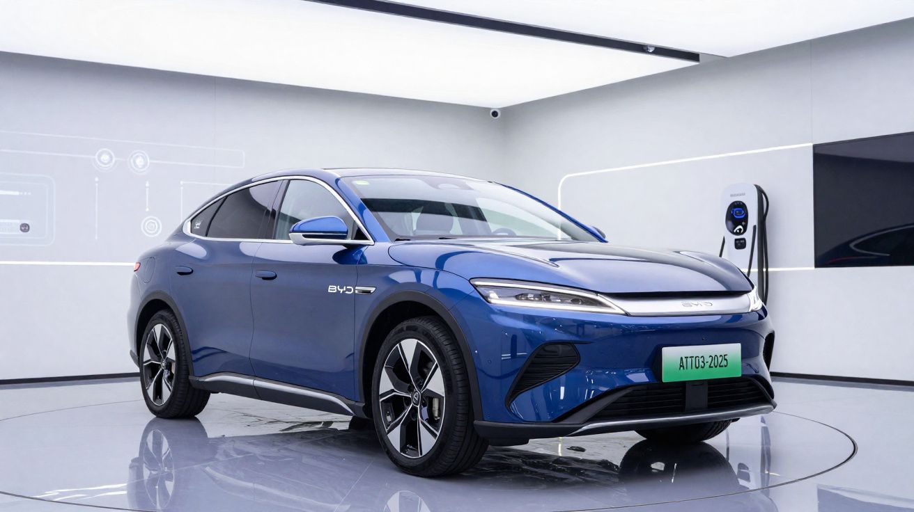 Carro elétrico azul BYD modelo ATTO3 2025 em ambiente moderno com estação de recarga ao fundo.