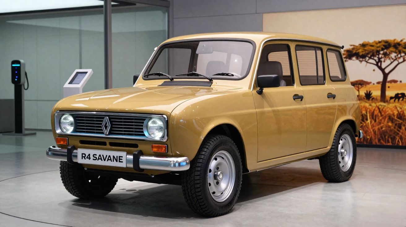 Carro Renault 4 amarelo modelo R4 Savane exposto em ambiente interno moderno e bem iluminado.