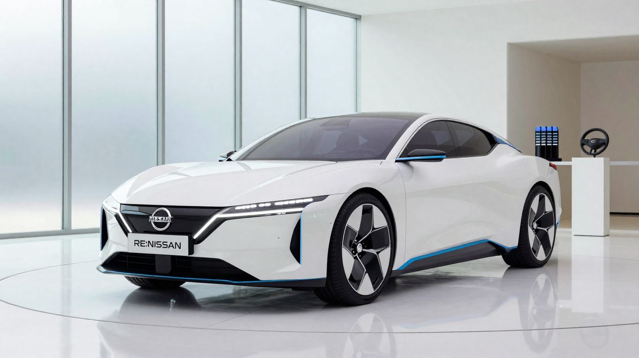 Carro esportivo elétrico branco com design futurista exposto em ambiente interno moderno.