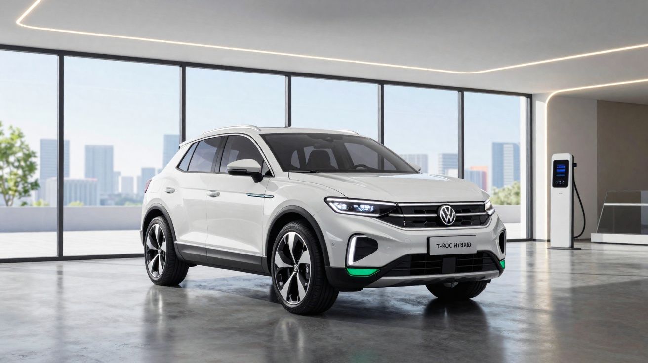 Carro SUV Volkswagen T-Roc híbrido branco estacionado em ambiente interno moderno com carregador elétrico.