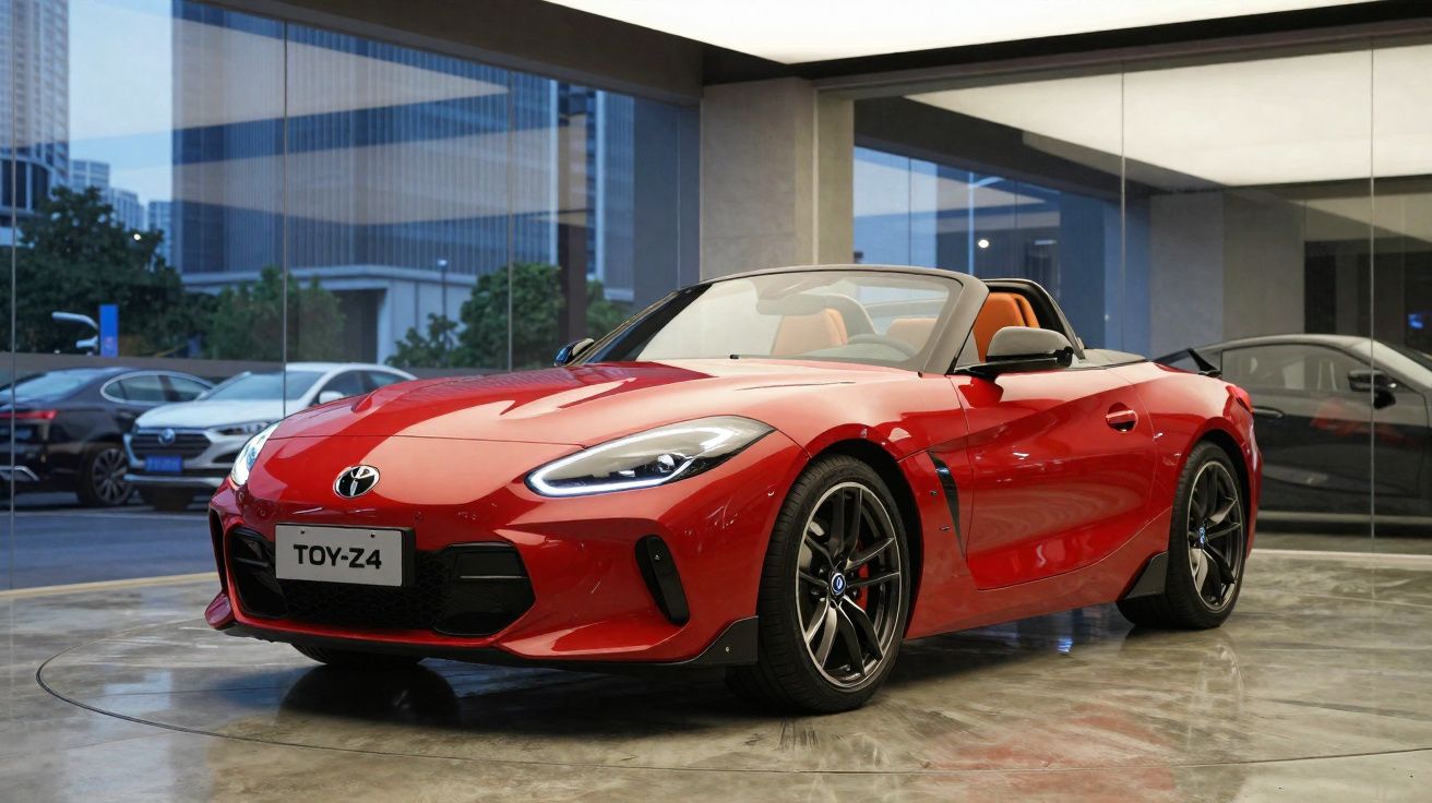 Carro conversível esportivo vermelho modelo TOY-Z4 estacionado em ambiente moderno e urbano.