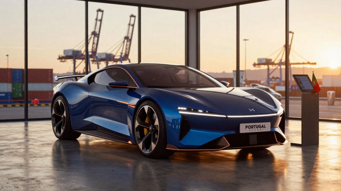 Carro esportivo azul exibido em showroom com janelas grandes e porto ao fundo ao pôr do sol.