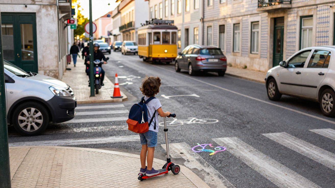 Criança de costas com mochila e patinete esperando para atravessar rua com bonde amarelo e carros.