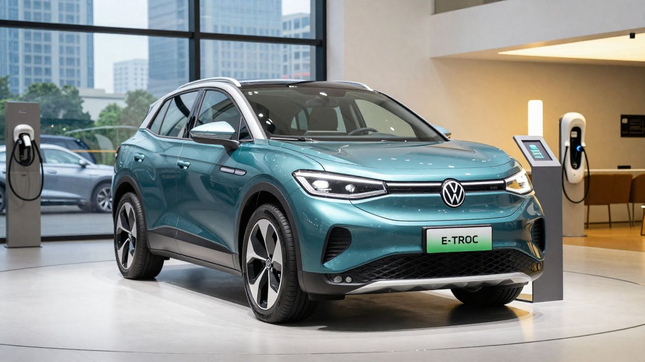 Carro elétrico Volkswagen E-TROC azul exibido em showroom moderno com pontos de recarga electricos.