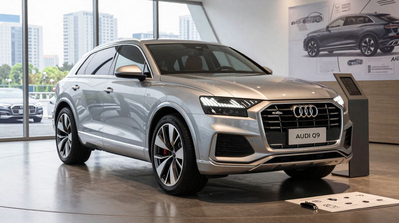 Audi Q9 prata em exibição dentro de showroom moderno com grandes janelas e detalhes do veículo ao fundo.