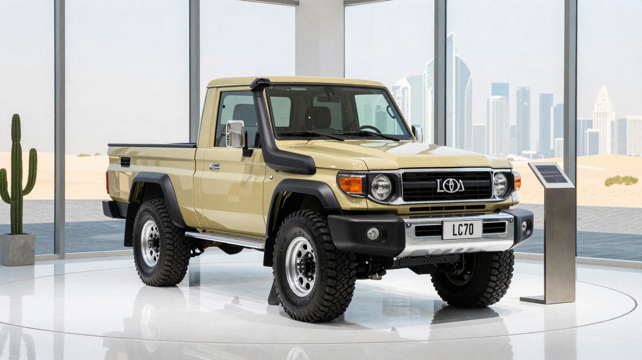 Picape off-road bege Toyota LC70 em exposição em ambiente moderno com vidros e paisagem urbana ao fundo.