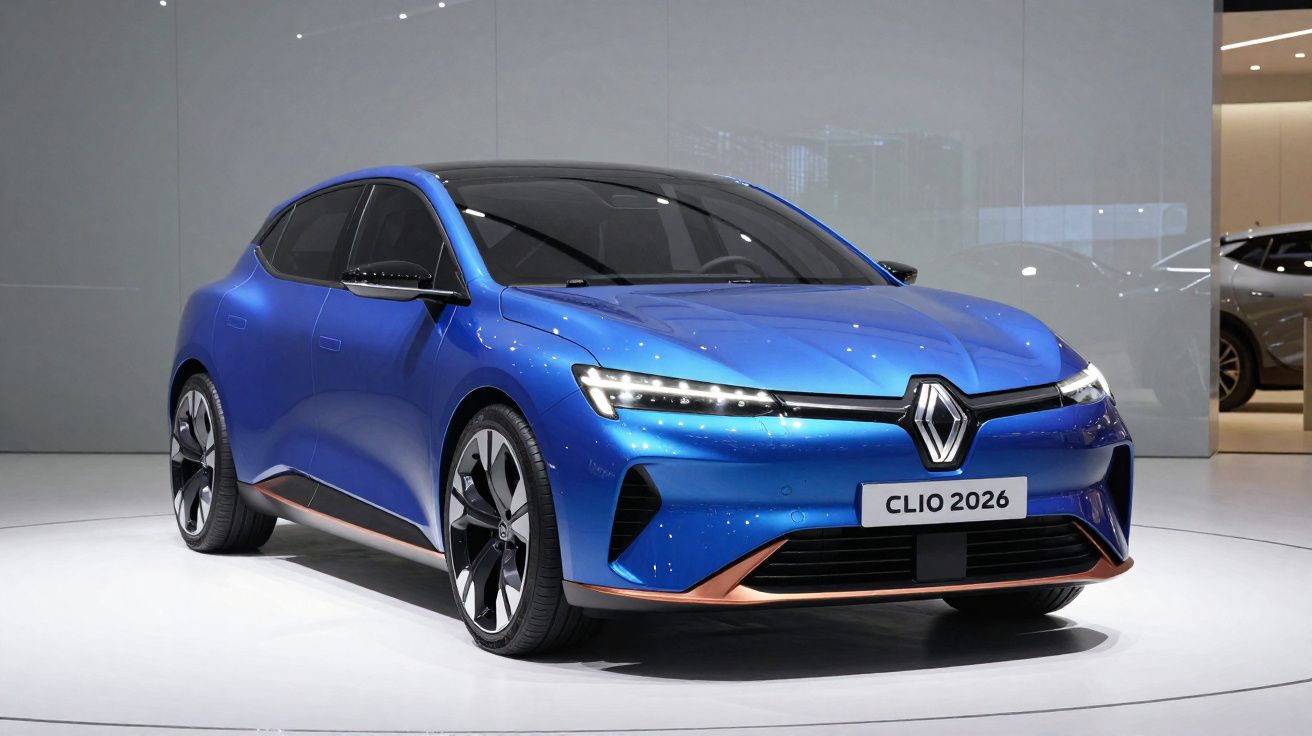 Carro elétrico azul Renault Clio 2026 em exposição, com design moderno e faróis de LED finos.