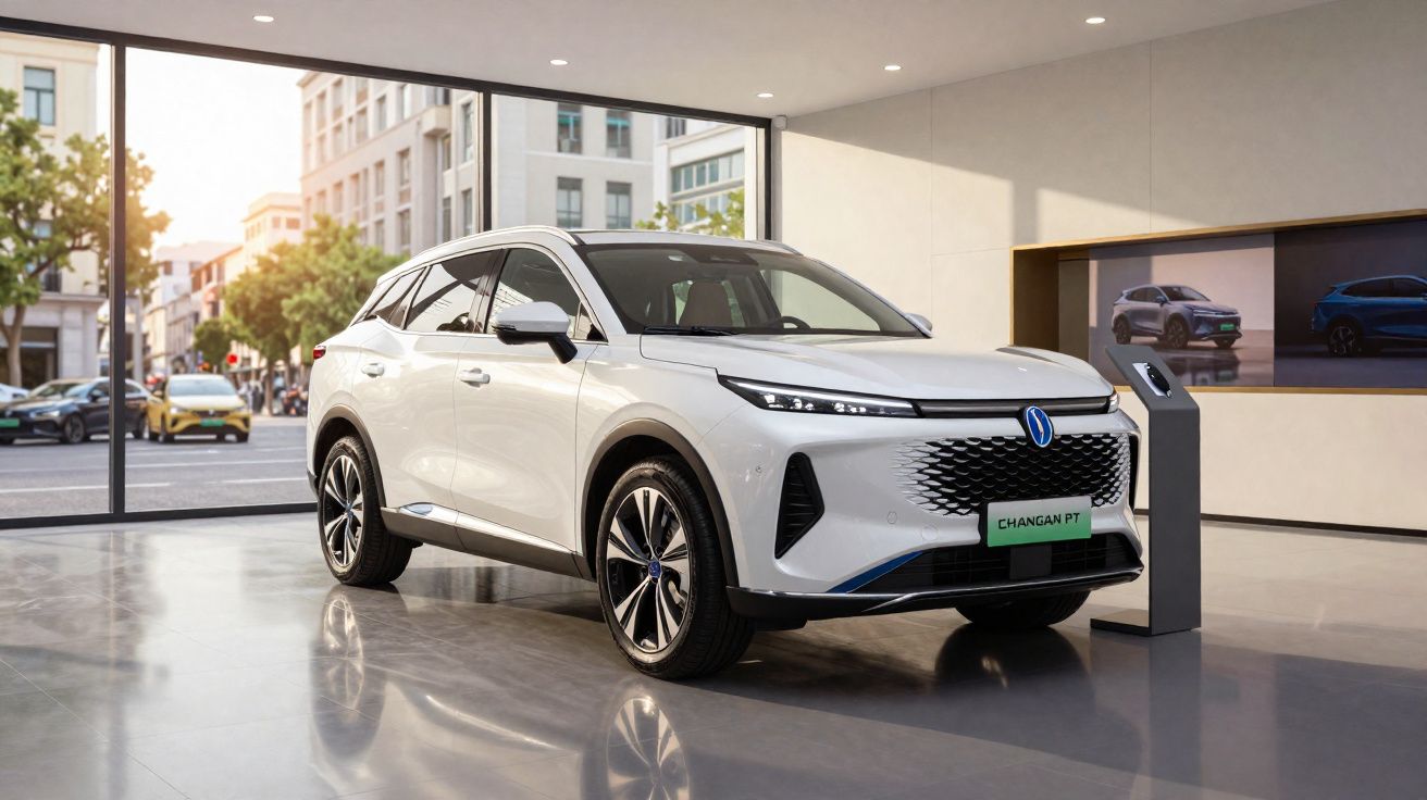 Carro SUV branco moderno exposto em showroom com janelas grandes e iluminação interna suave.