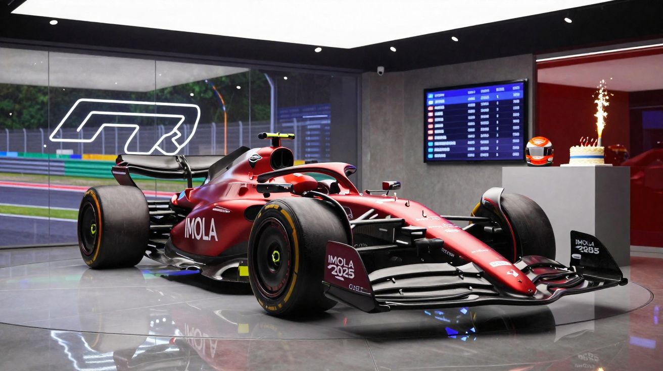 Carro de Fórmula 1 vermelho da Alfa Romeo em exposição com capacete, bolo e tela de resultados ao fundo.