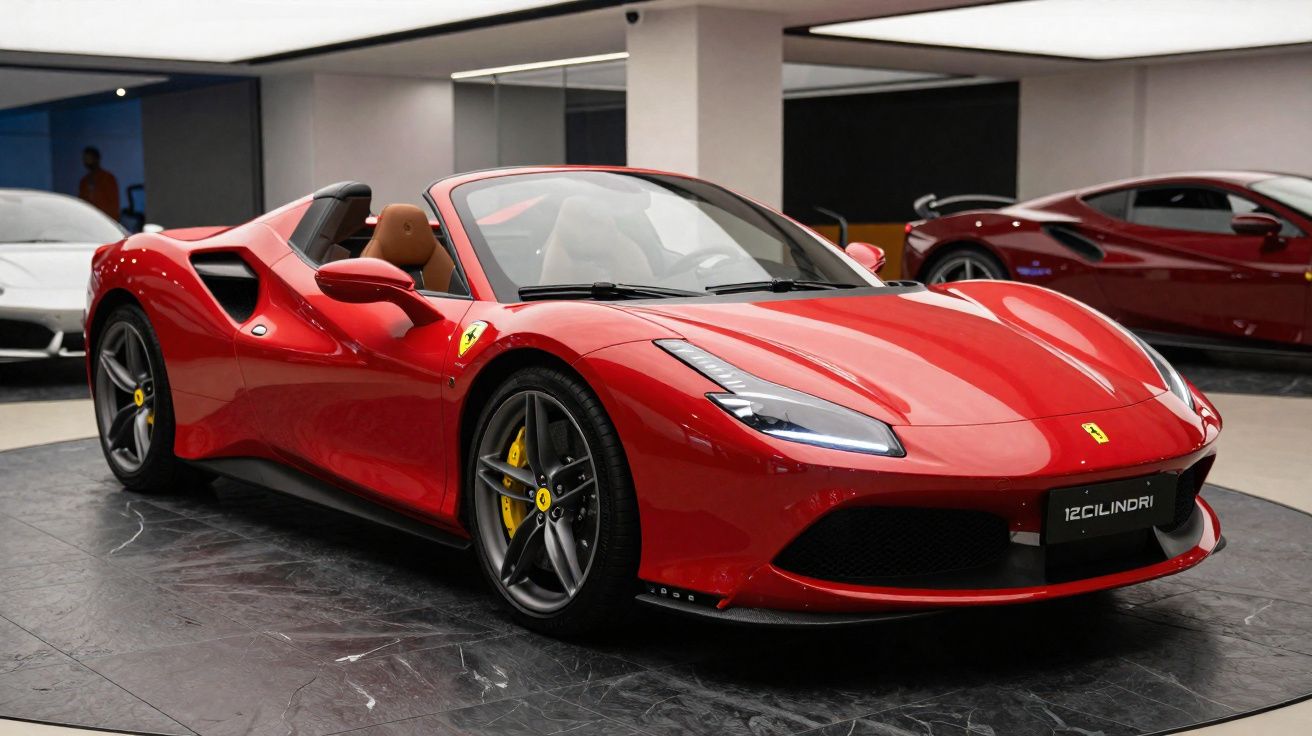 Carro esportivo conversível Ferrari vermelho exposto em showroom com interior bege.