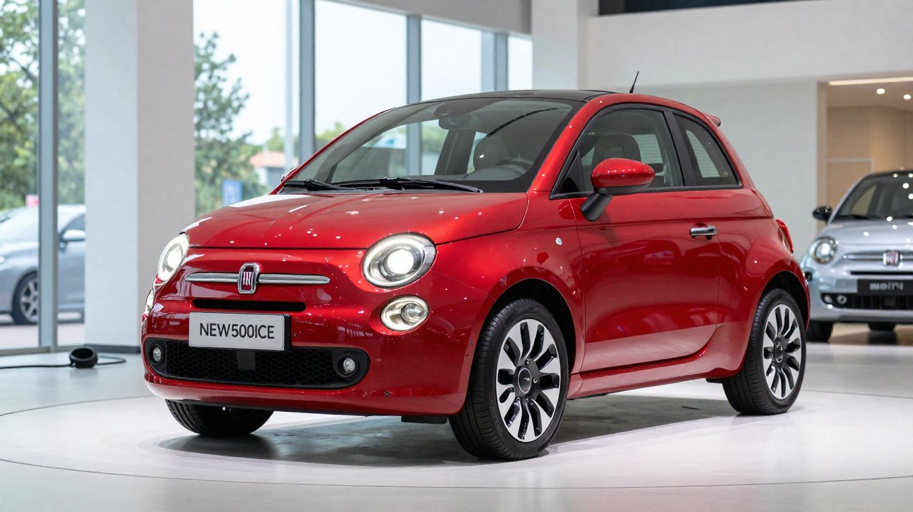 Carro compacto Fiat New 500 vermelho em exibição dentro de showroom moderno.