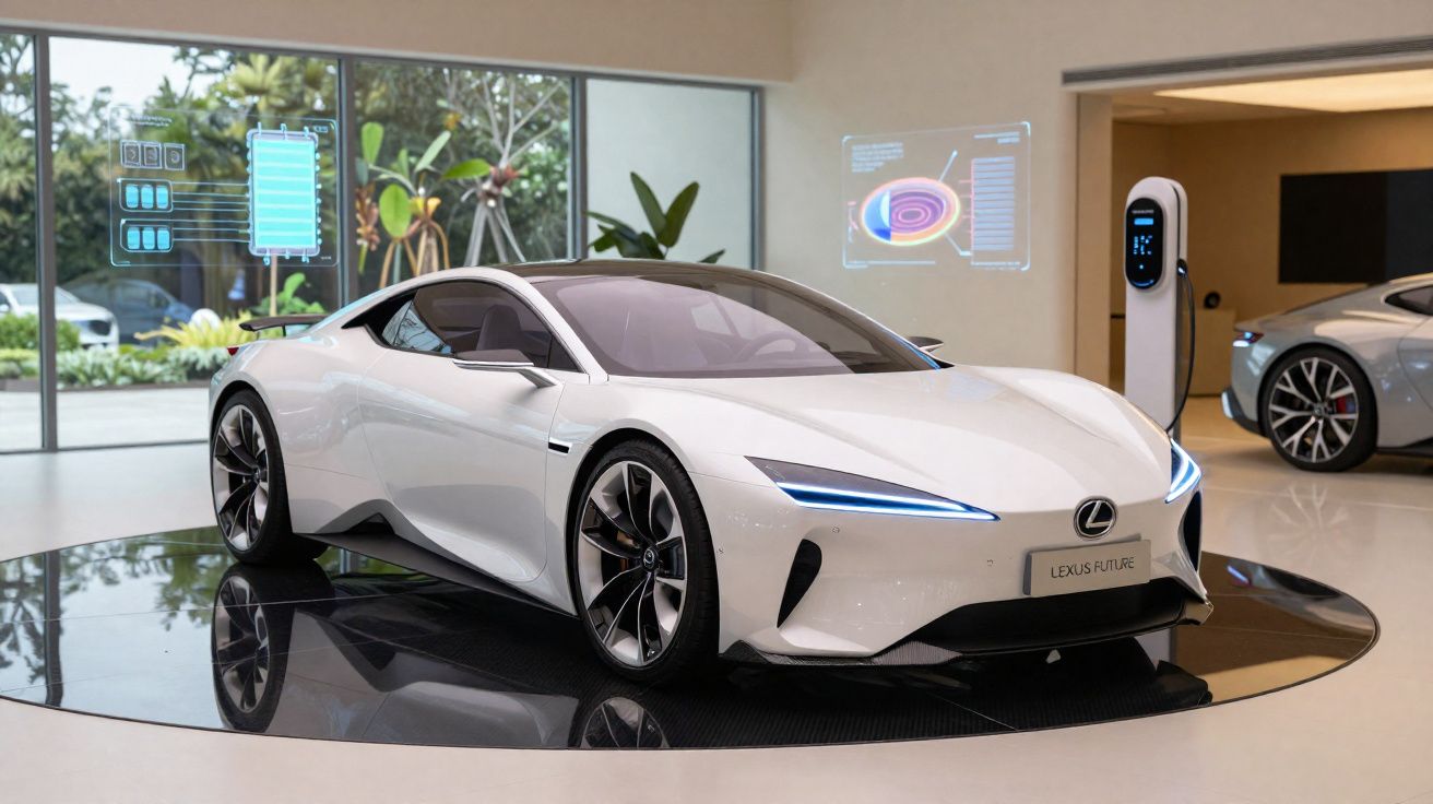 Carro esportivo futurista branco da Lexus em exposição interna com carregador elétrico ao fundo.