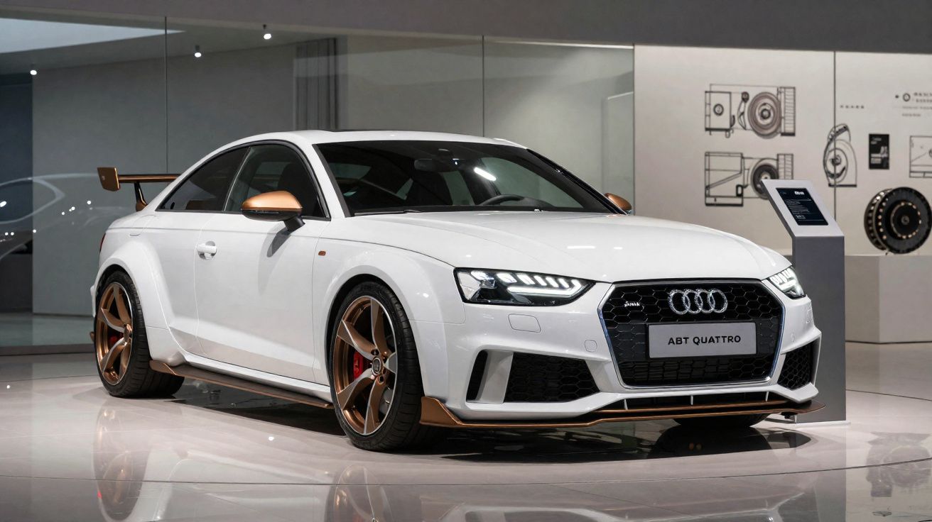 Carro esportivo branco Audi ABT Quattro exibido em salão, com detalhes em bronze e rodas esportivas.