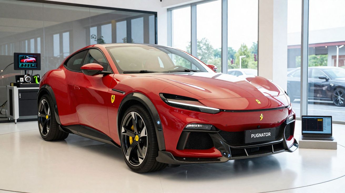 Carro esportivo vermelho Ferrari Pugnator exposto em showroom moderno com janelas amplas e laptop ao lado.