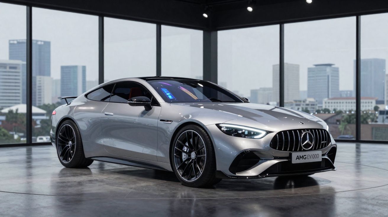Carro esportivo Mercedes-Benz AMG cinza prateado em showroom moderno com grandes janelas e vista urbana.