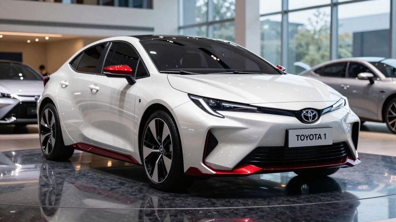 Carro esportivo branco Toyota com detalhes vermelhos exposto em showroom moderno.