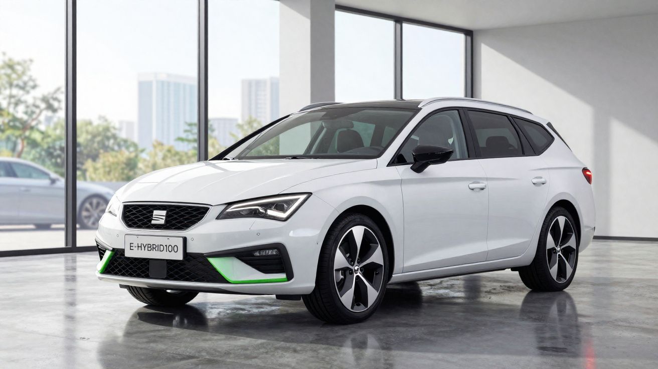 Carro elétrico híbrido branco estacionado em ambiente interno com janela grande ao fundo.