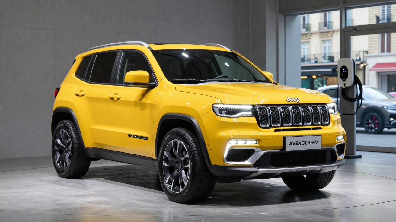 Carro SUV elétrico Jeep Avenger EV amarelo exposto em ambiente interno moderno.