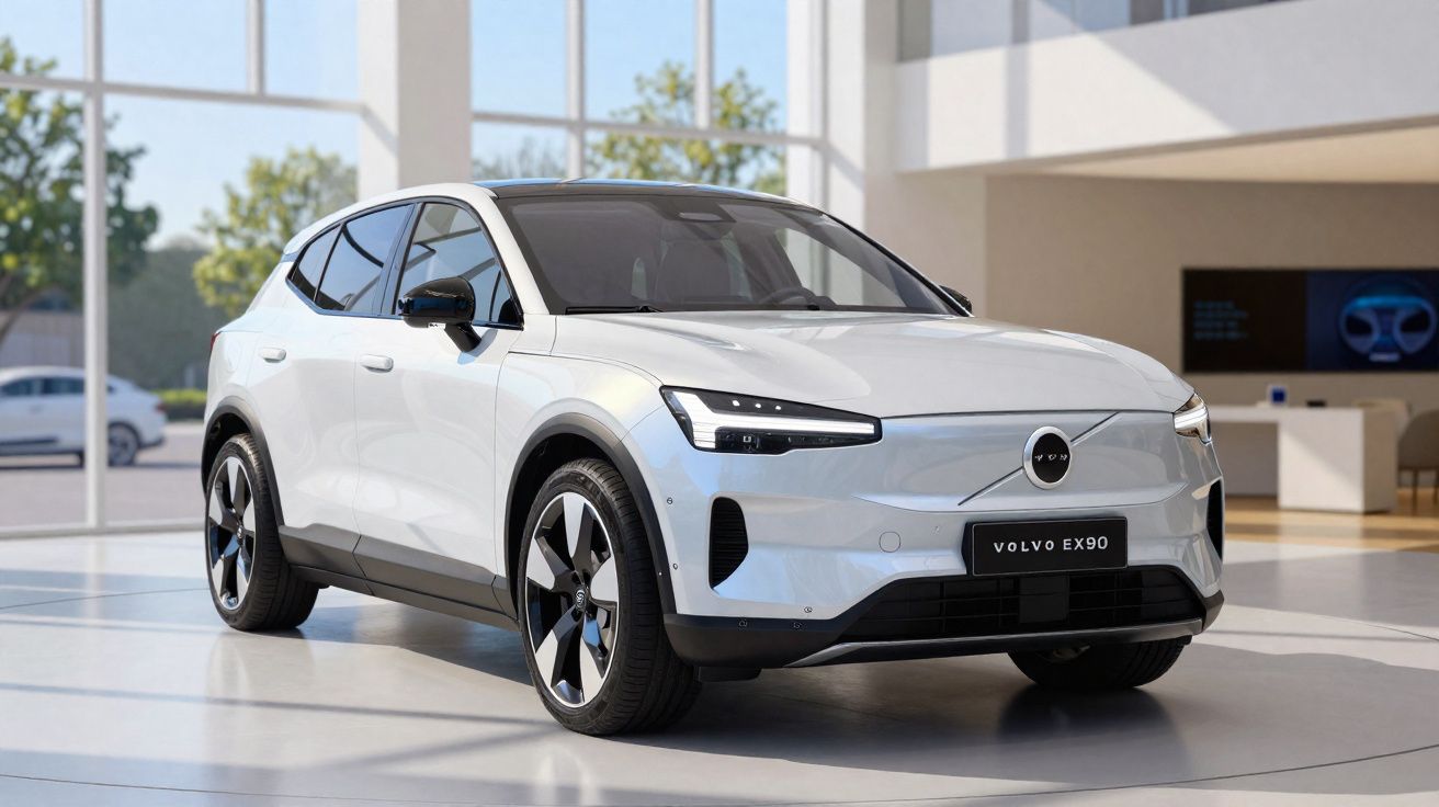 Carro elétrico Volvo EX90 branco exibido em showroom moderno com janelas grandes e iluminação natural.
