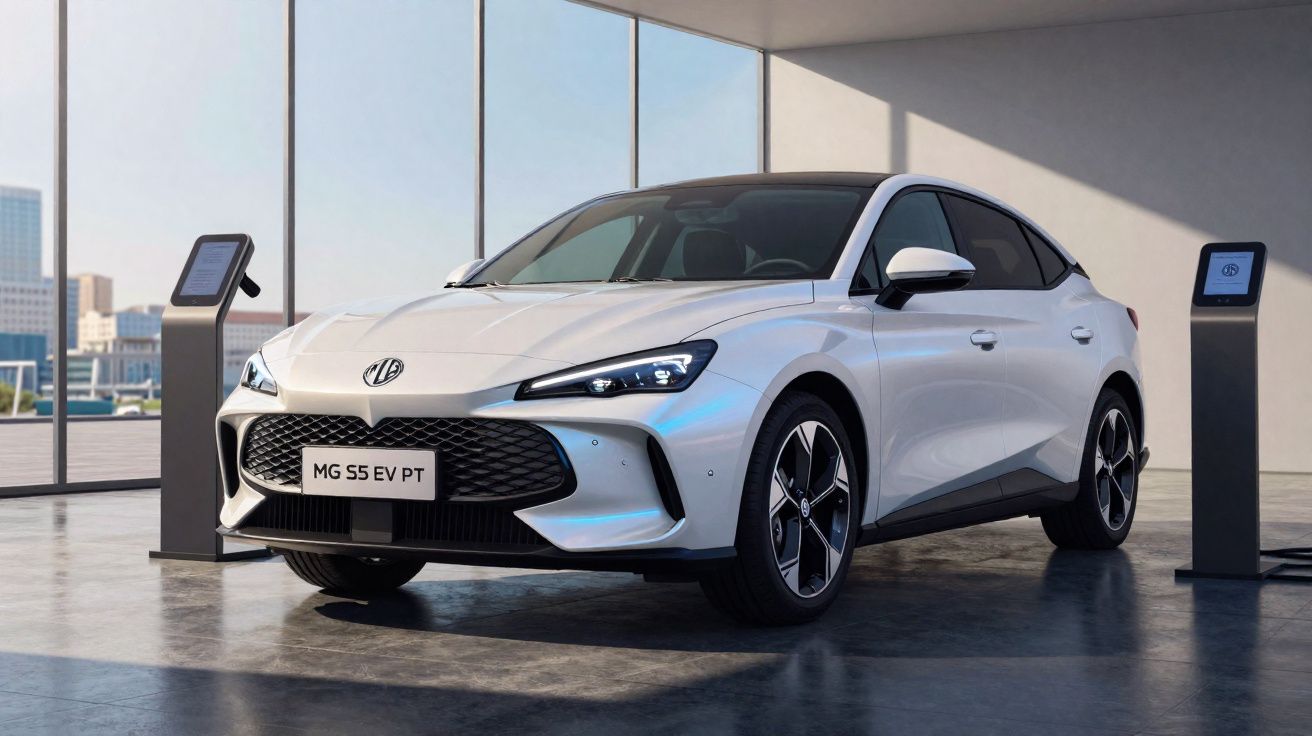 Carro elétrico branco MG S5 EV PT em ambiente interno moderno com dois terminais de carregamento.