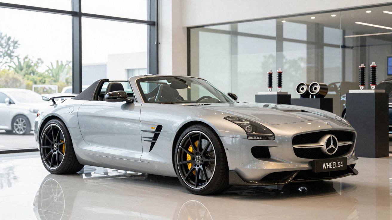 Carro esportivo conversível prata Mercedes-Benz estacionado em showroom moderno com piso branco.