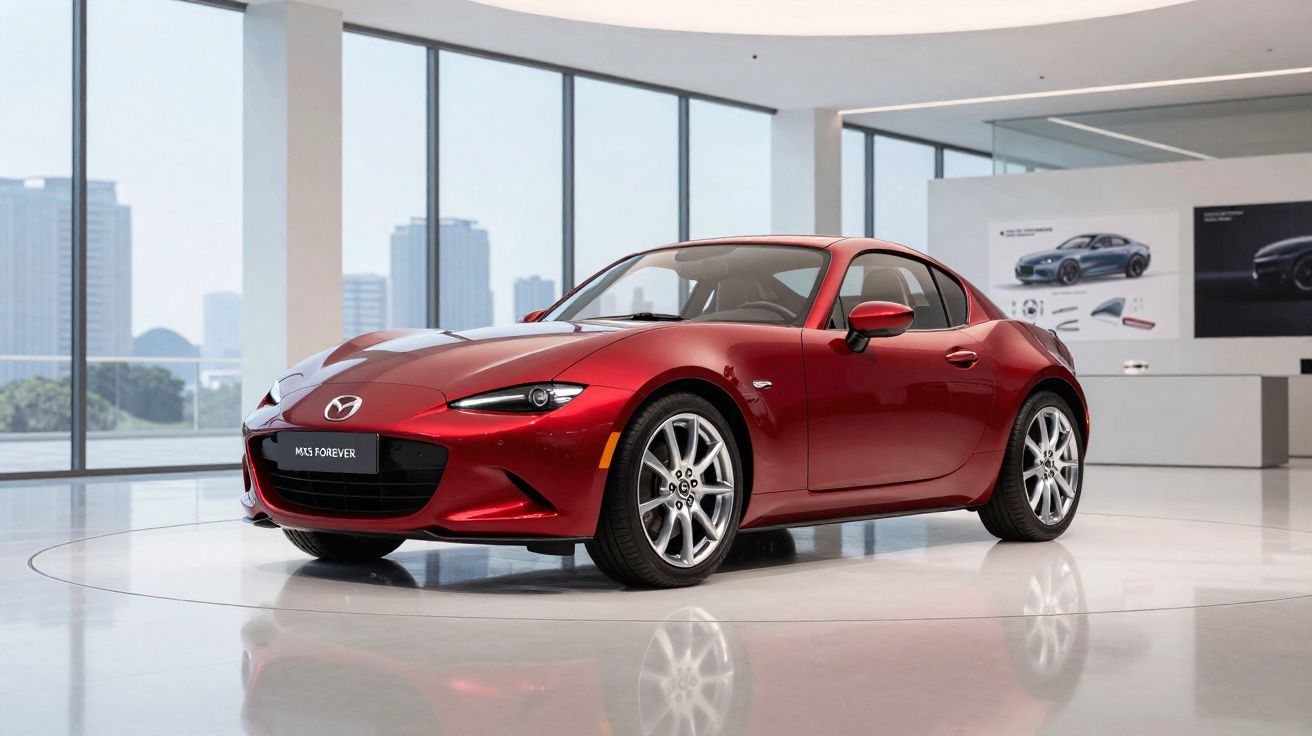 Carro esportivo vermelho Mazda MX-5 exposto em showroom moderno com janelas panorâmicas.