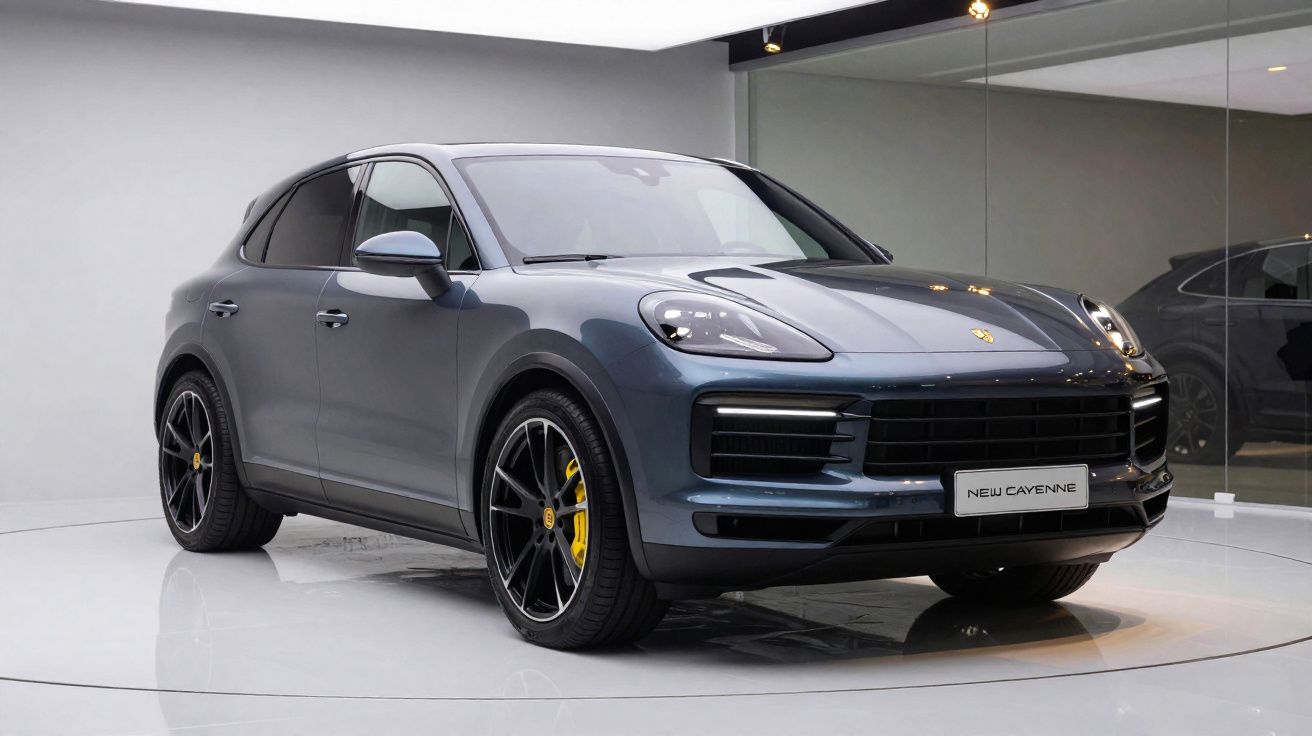 Carro SUV Porsche New Cayenne cinza estacionado em ambiente interno com piso branco e parede de vidro.