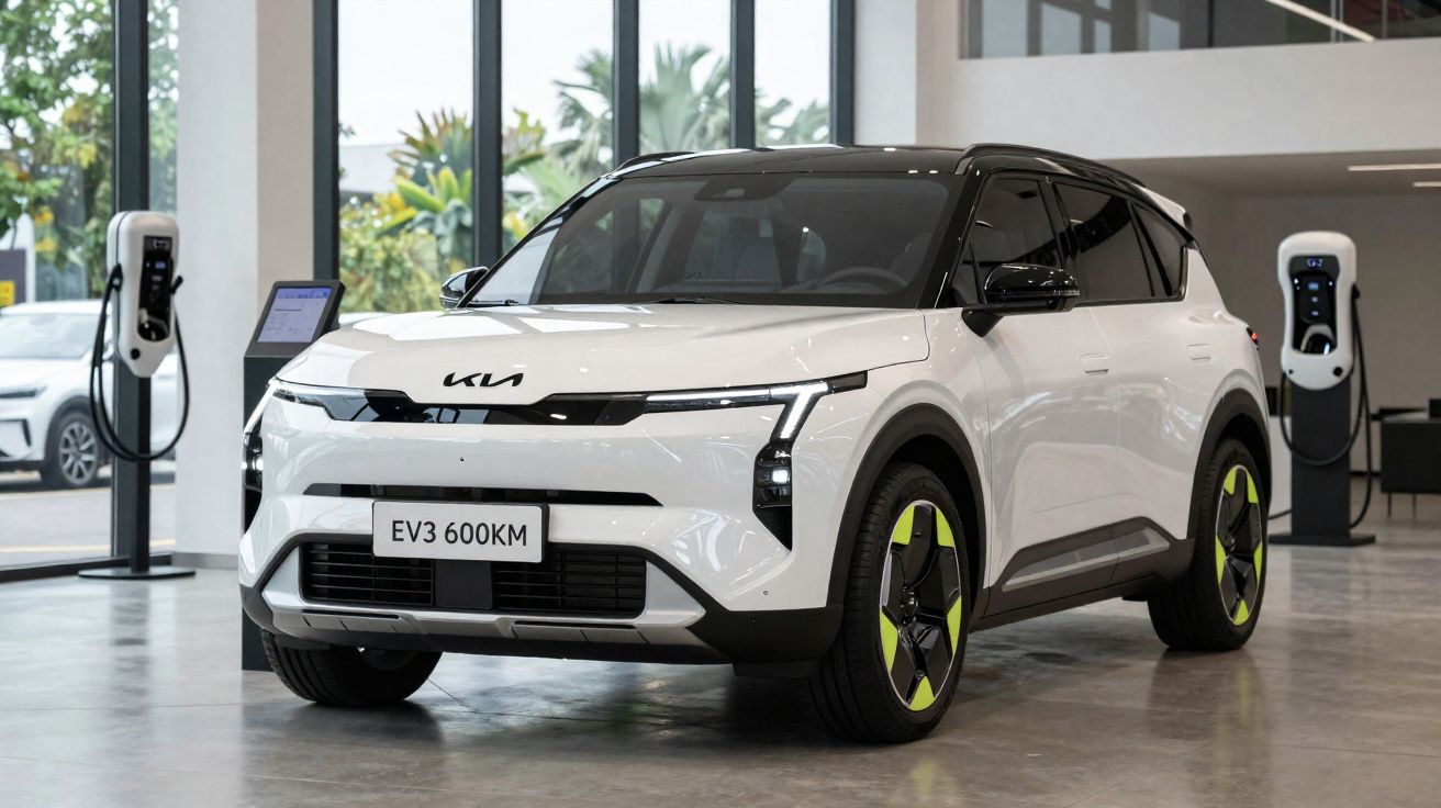 Carro elétrico Kia EV3 branco com detalhes em verde, em showroom com estação de recarga ao fundo.