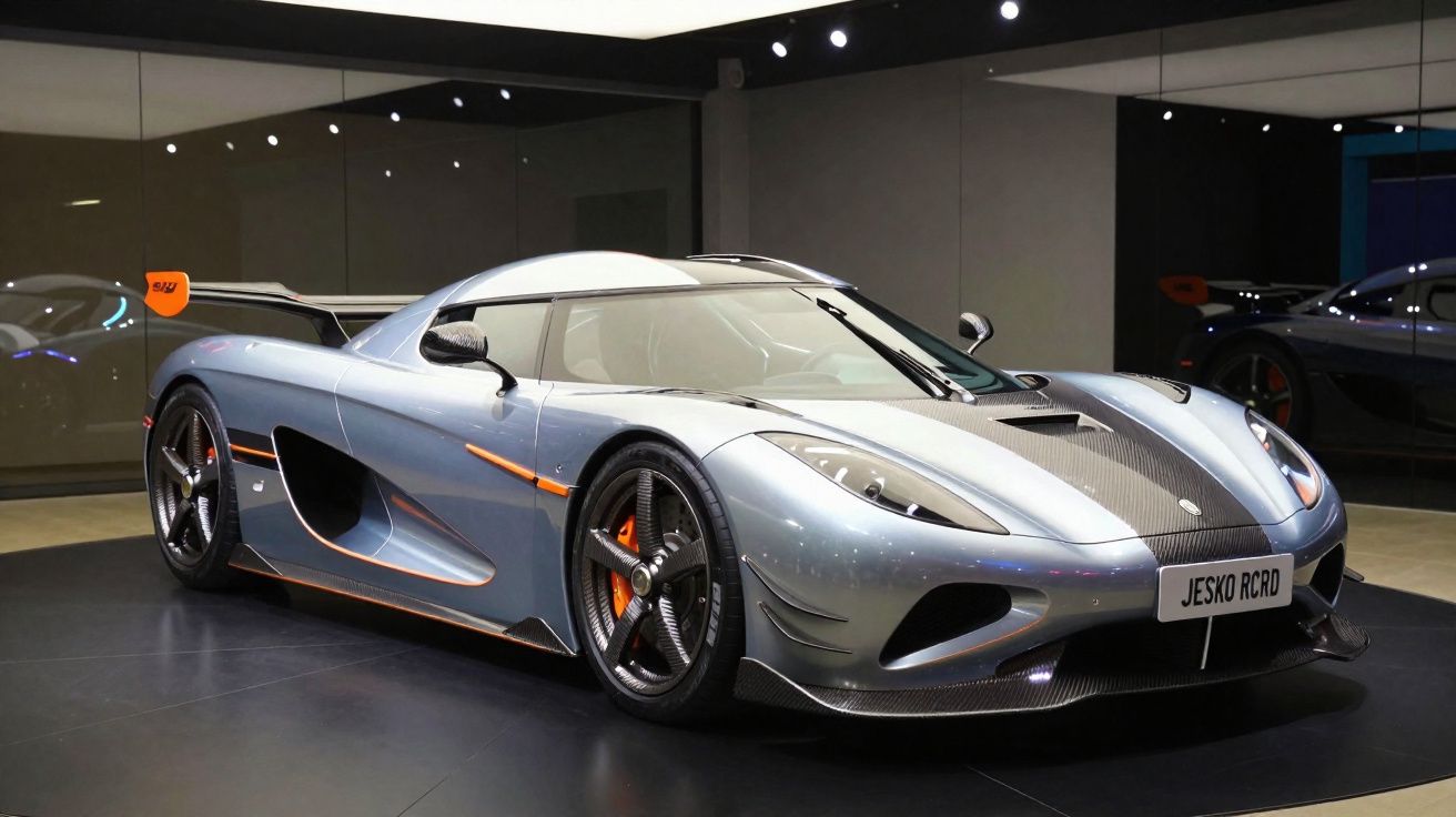 Carro esportivo Koenigsegg Jesko Roadster cinza com detalhes laranja em exposição interna.