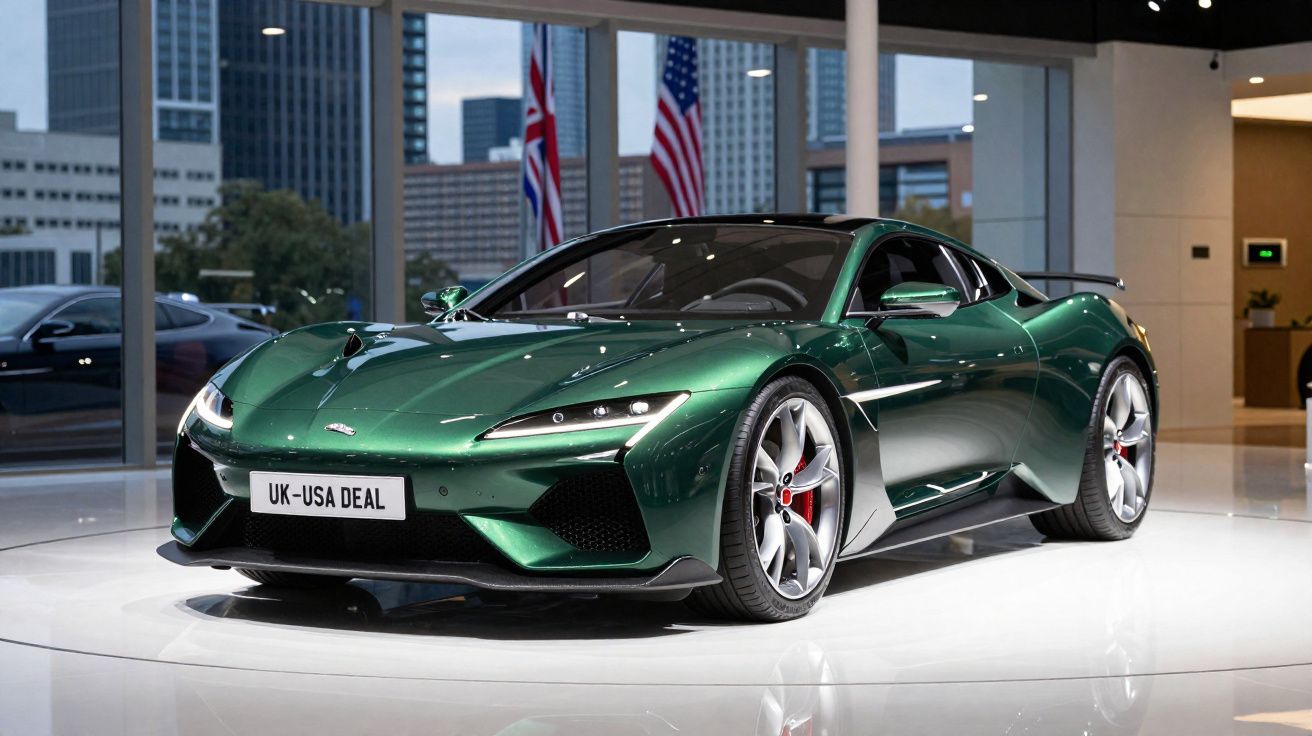 Carro esportivo verde metálico exposto em showroom com vidros grandes e bandeiras do Reino Unido e EUA ao fundo.