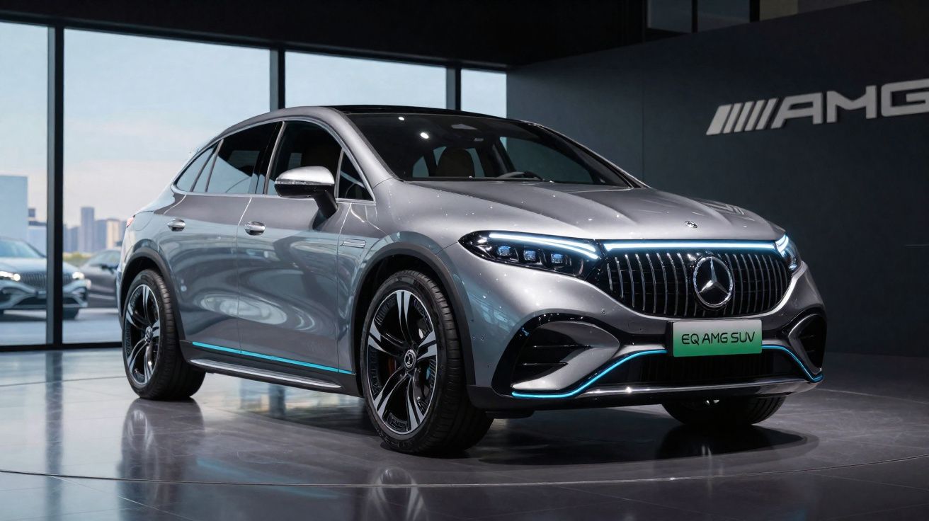 SUV elétrico Mercedes-Benz EQ AMG prata exibido em showroom moderno com iluminação LED azul.