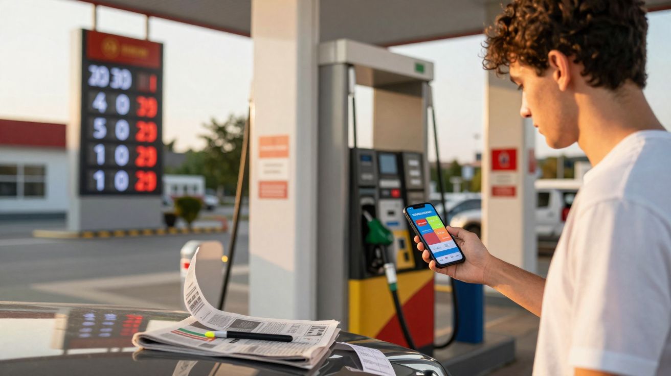 Jovem usa celular em posto de gasolina com bomba e tabela de preços ao fundo.