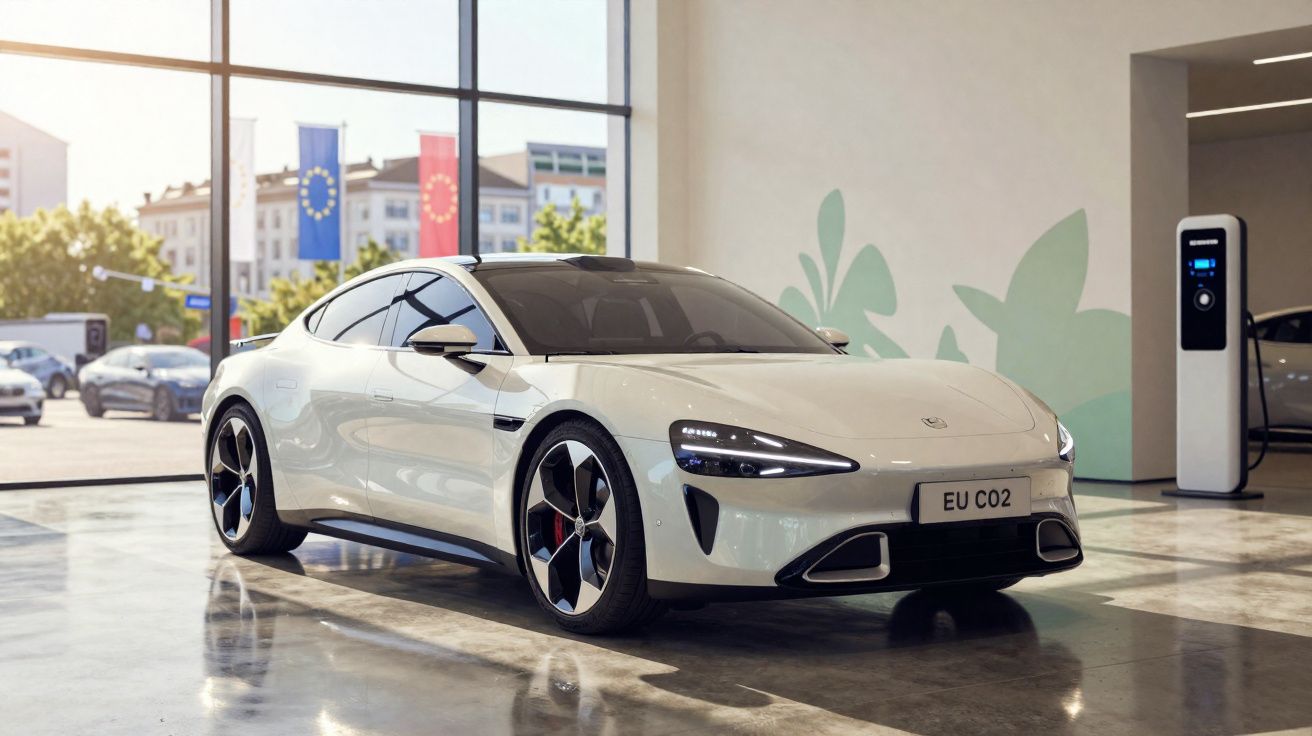 Carro elétrico branco estacionado em showroom com ambiente moderno e carregador ao fundo.