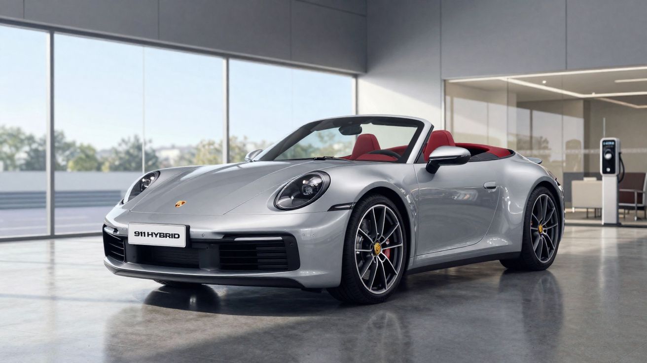 Carro esportivo conversível prata Porsche 911 Hybrid em showroom com interior vermelho e rodas pretas.