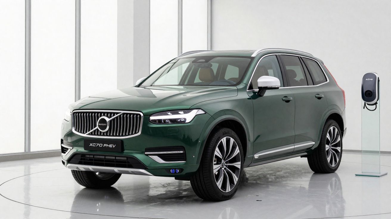 Carro SUV Volvo XC70 PHEV verde estacionado em ambiente branco com estação de recarga elétrica ao lado.