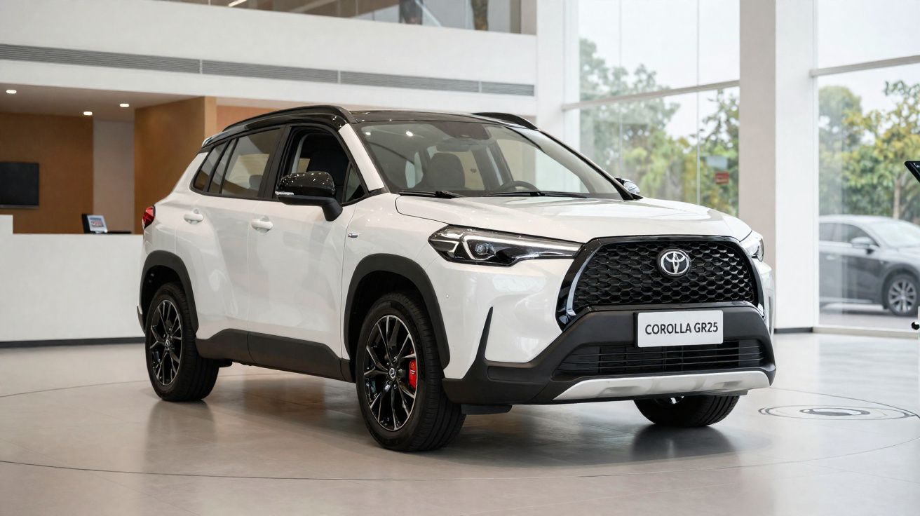 Carro SUV branco Toyota Corolla GR25 exibido em showroom moderno com teto preto e rodas pretas.