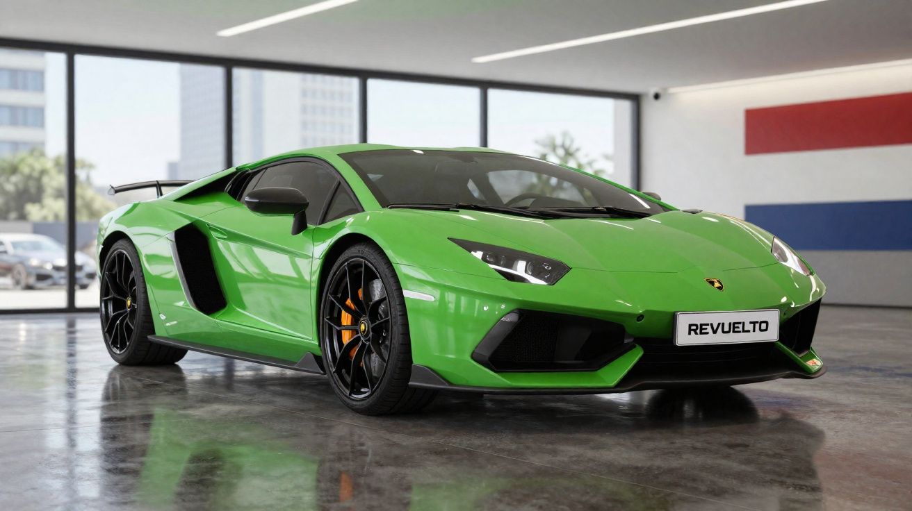 Carro esportivo Lamborghini verde estacionado em garagem com piso brilhante e janelas grandes.