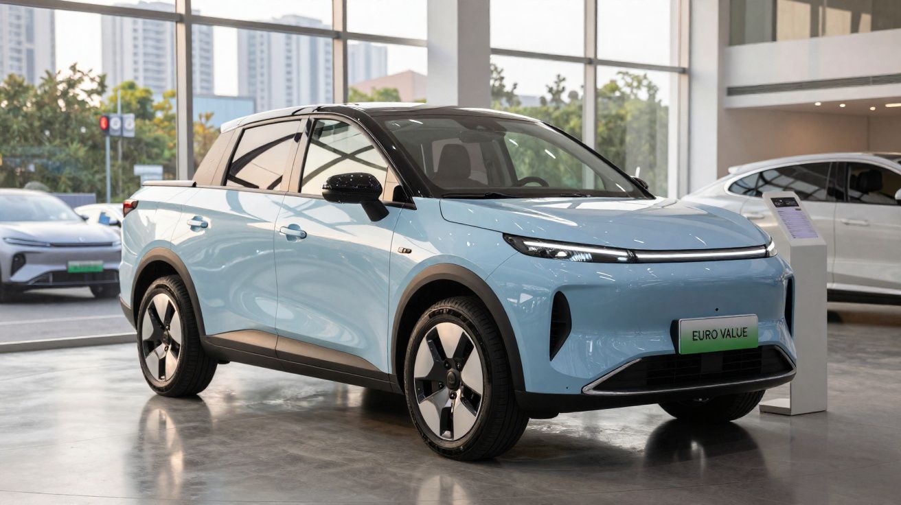 Carro elétrico azul claro exposto em showroom moderno com vidro e luz natural.