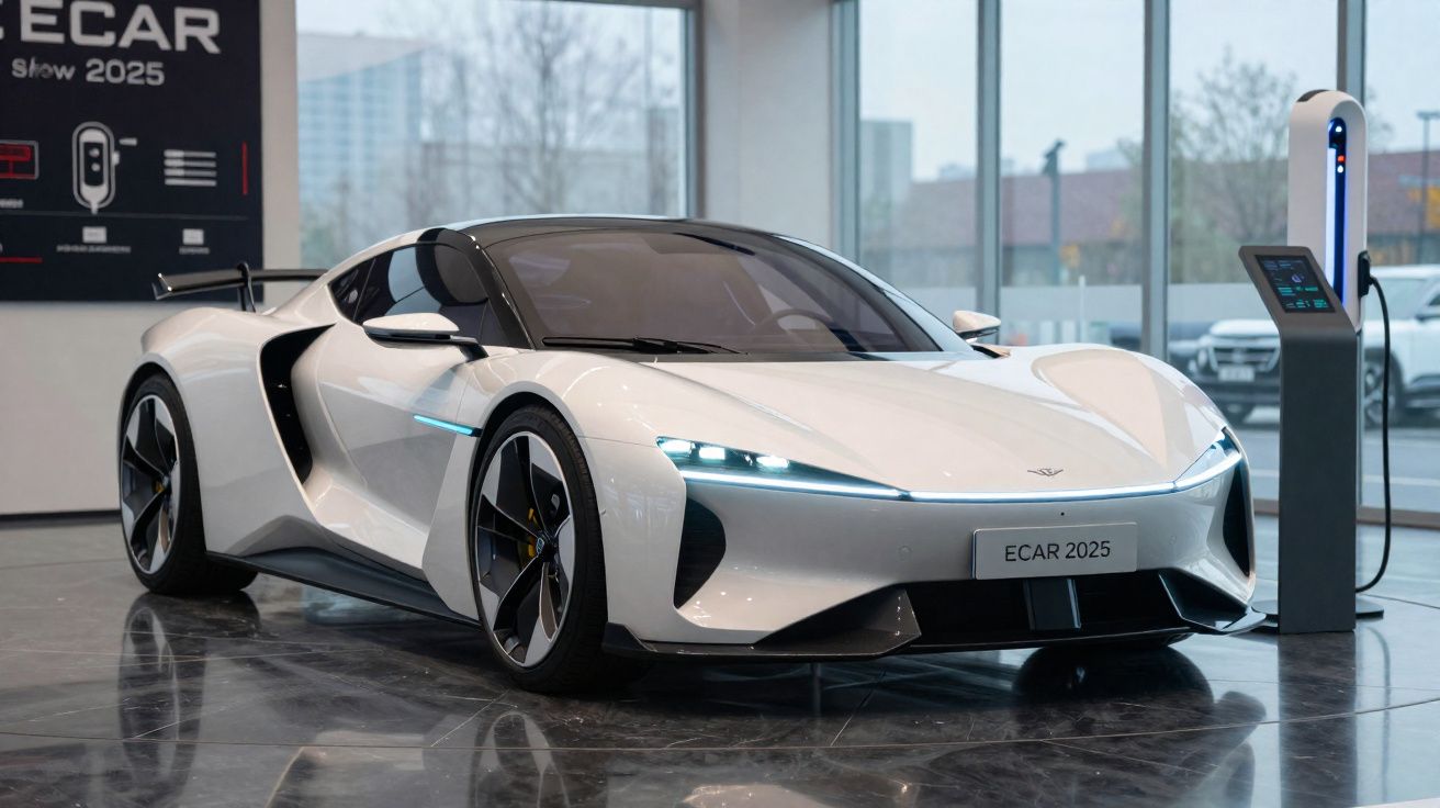 Carro esportivo elétrico branco conectado a um carregador em showroom moderno com grandes janelas.