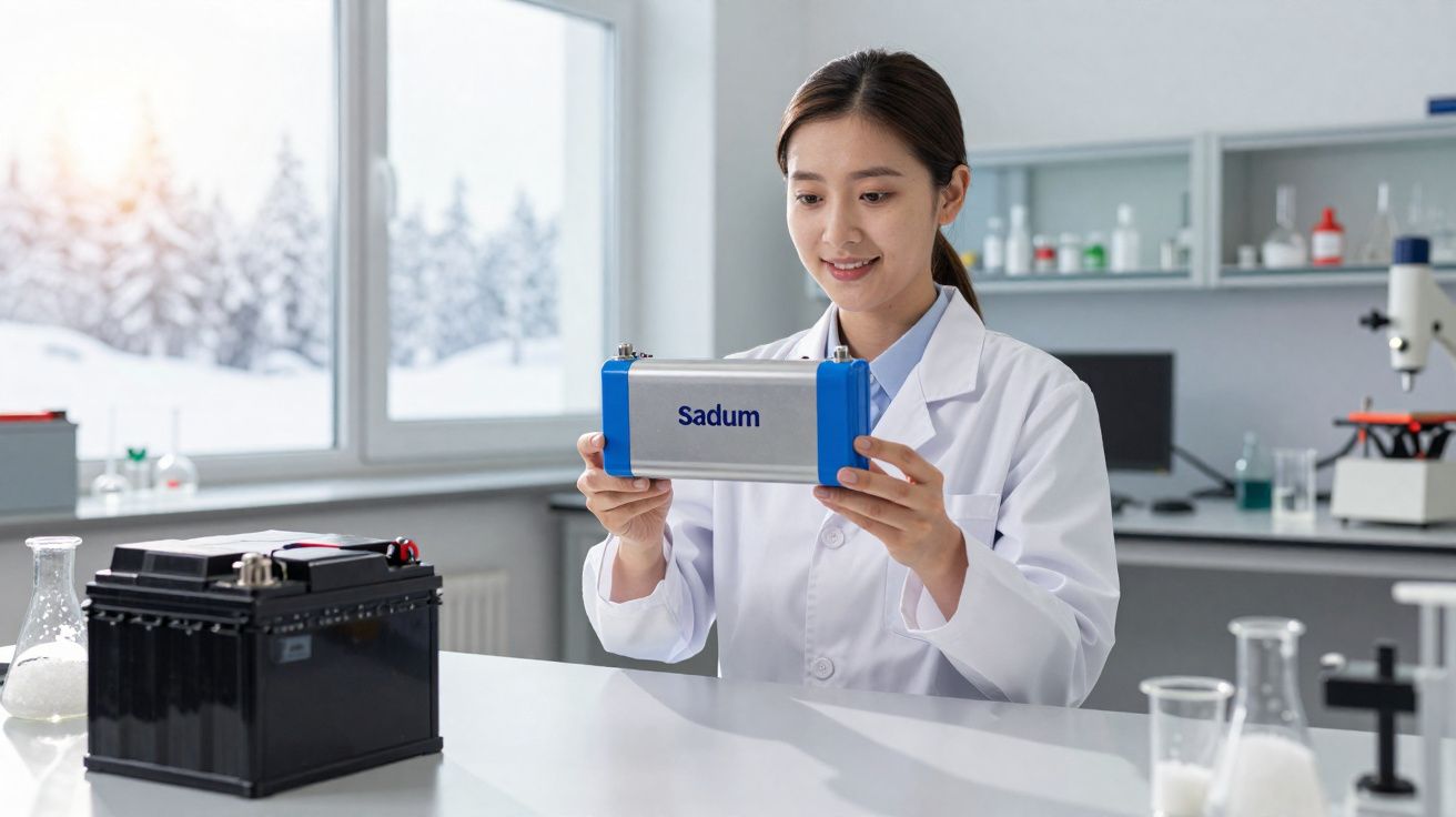 Cientista mulher em laboratório segurando equipamento azul e prata com a palavra Sadum.