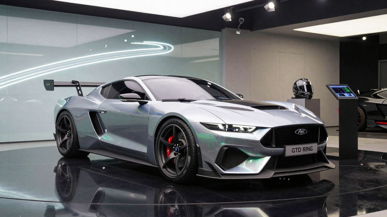 Carro esportivo prata com aerofólio traseiro em exposição dentro de showroom moderno.