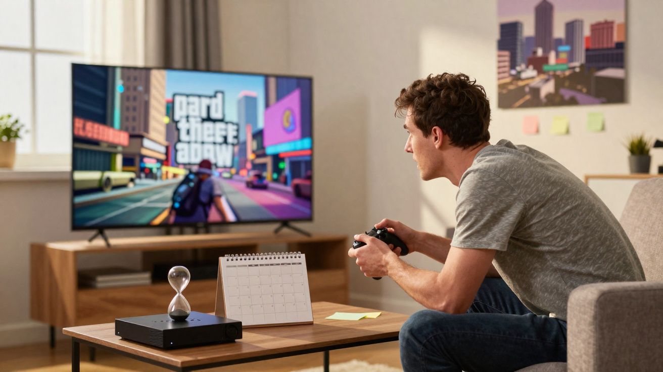 Homem jovem sentado no sofá jogando videogame com controle e tela mostrando jogo em ambiente de sala.