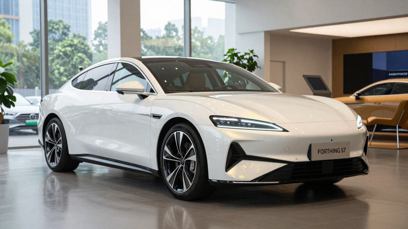 Carro elétrico branco modelo Forthing S7 exibido em showroom moderno com grandes janelas.