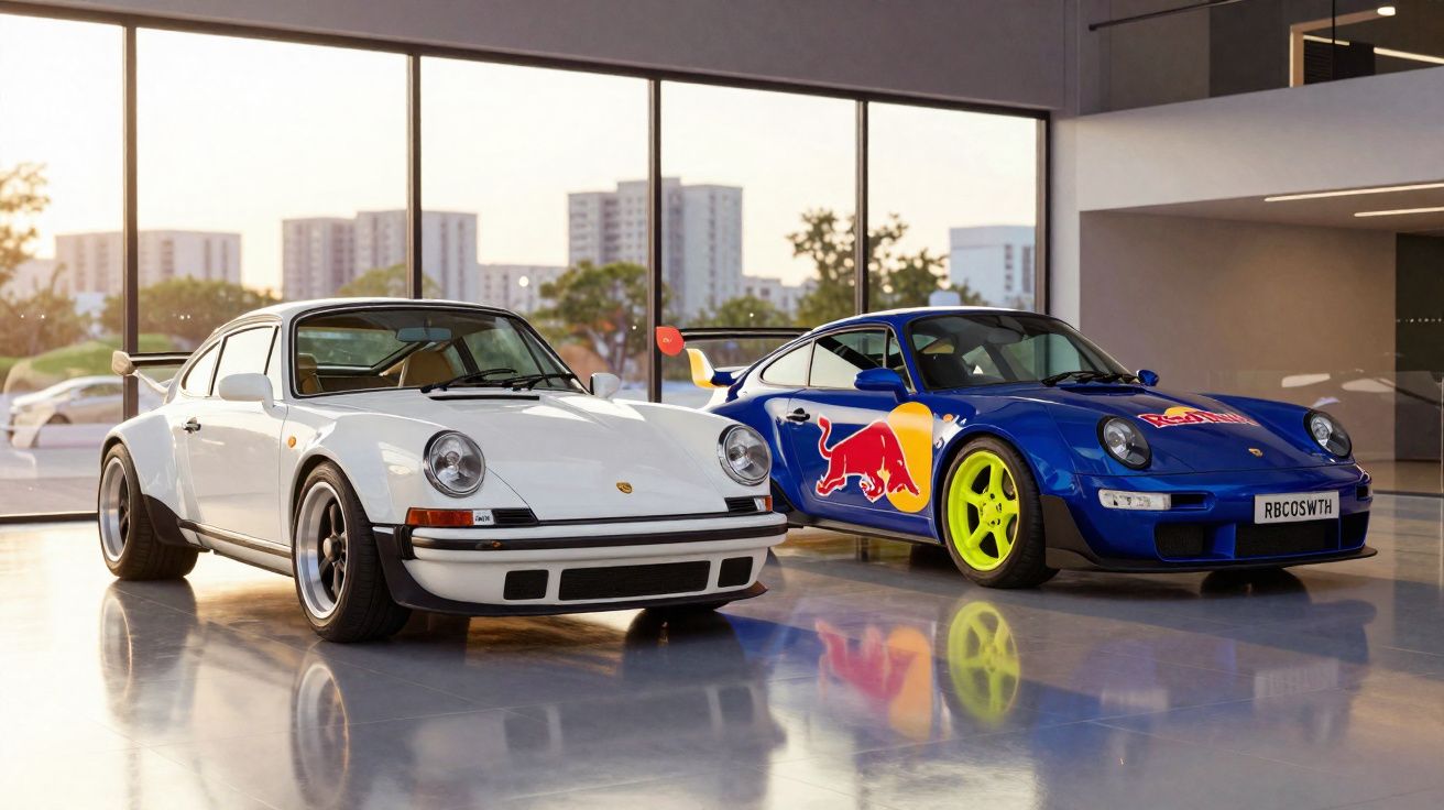 Dois carros esportivos Porsche clássicos estacionados em garagem moderna com vista urbana ao fundo.