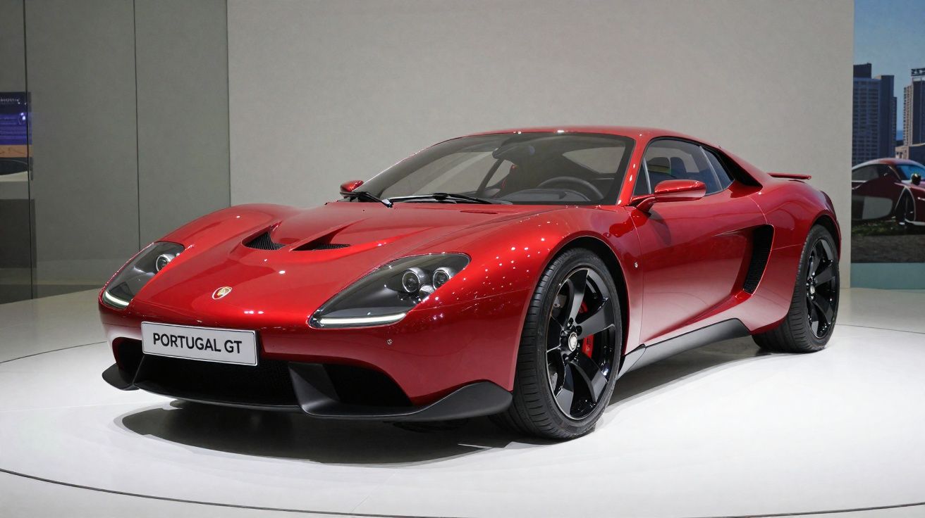 Carro esportivo vermelho Portugal GT estacionado em exposição com rodas pretas e faróis modernos.
