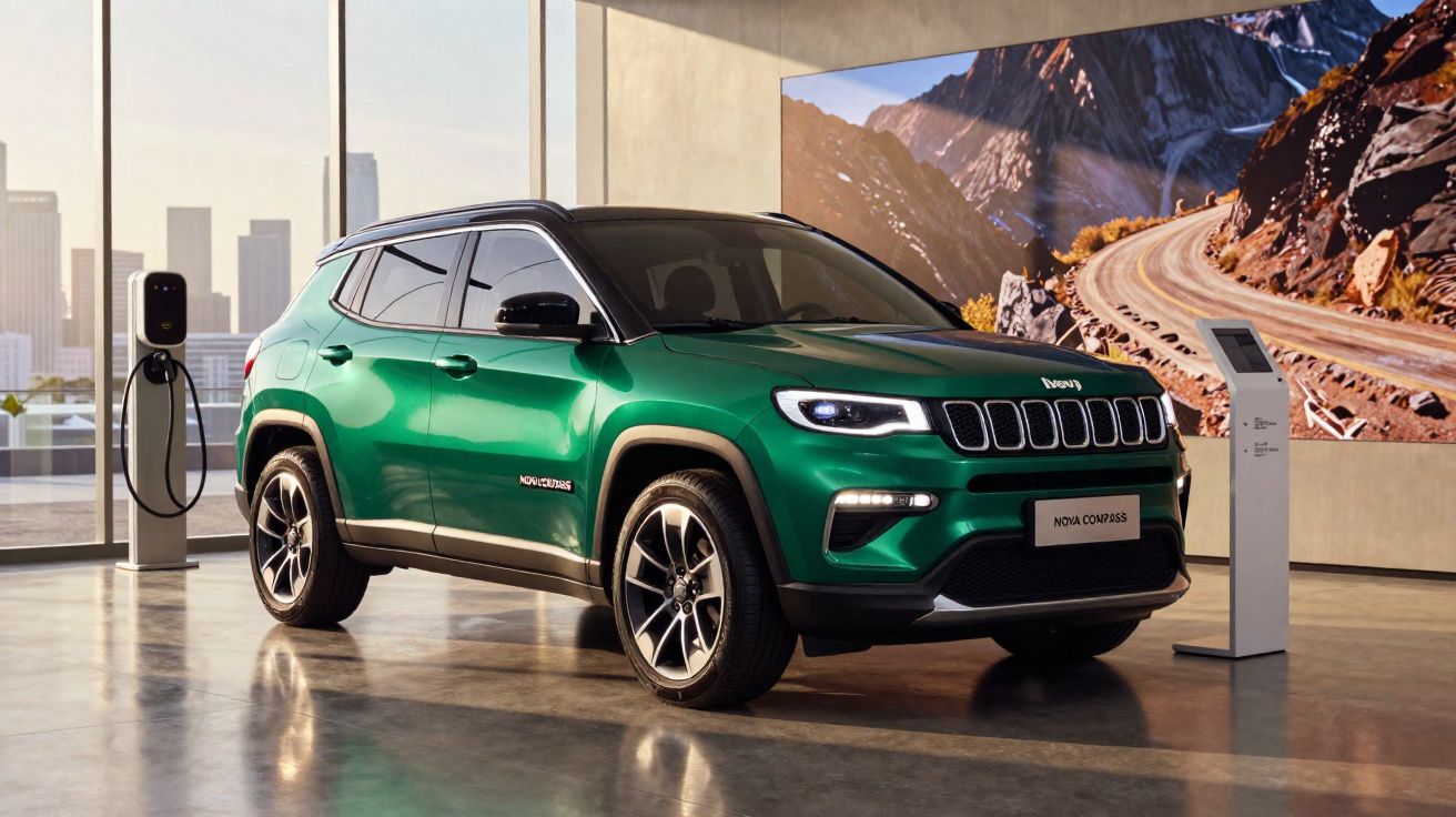 SUV verde Jeep Compass 2024 em showroom moderno com carregador de carro elétrico junto.