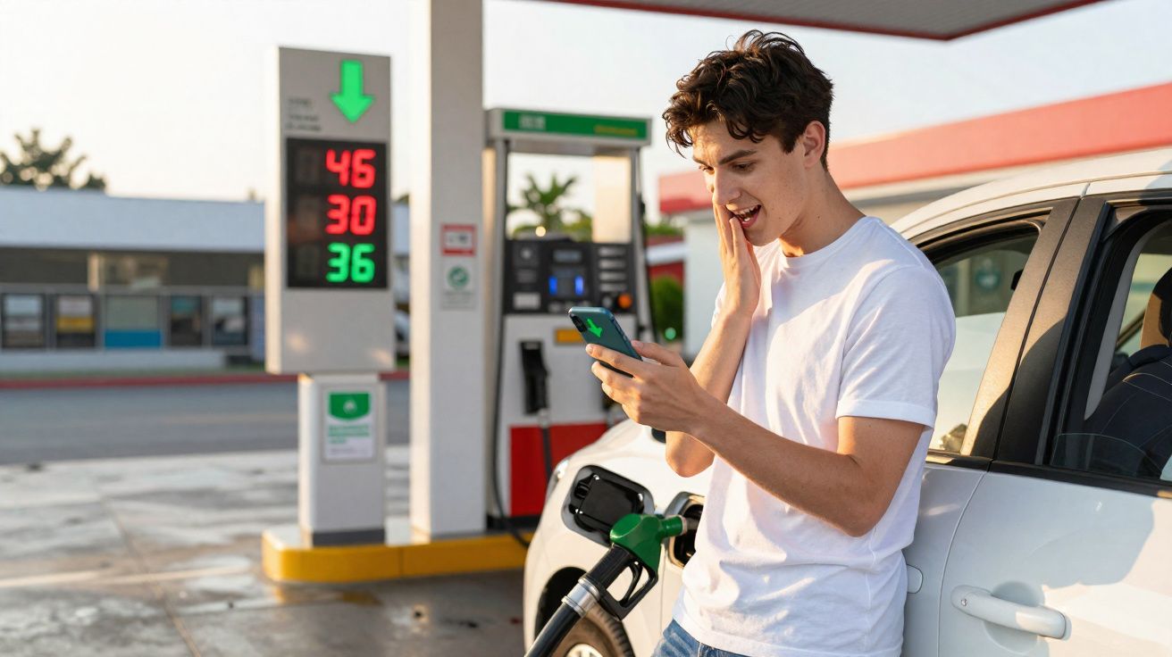 Jovem surpreso olhando celular ao abastecer carro em posto de combustível com preços ao fundo.
